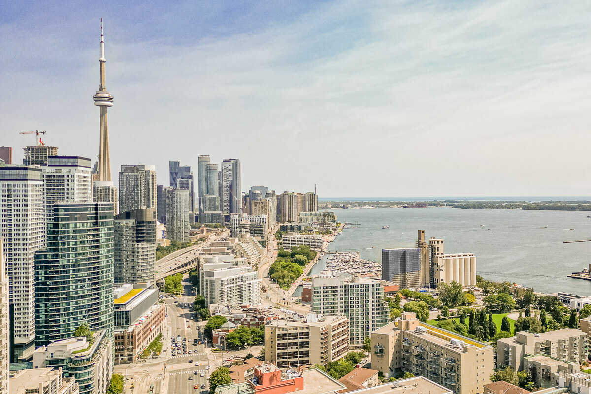 Toronto skyline aerial view with CN Tower and waterfront, real estate drone photography Toronto GTA
