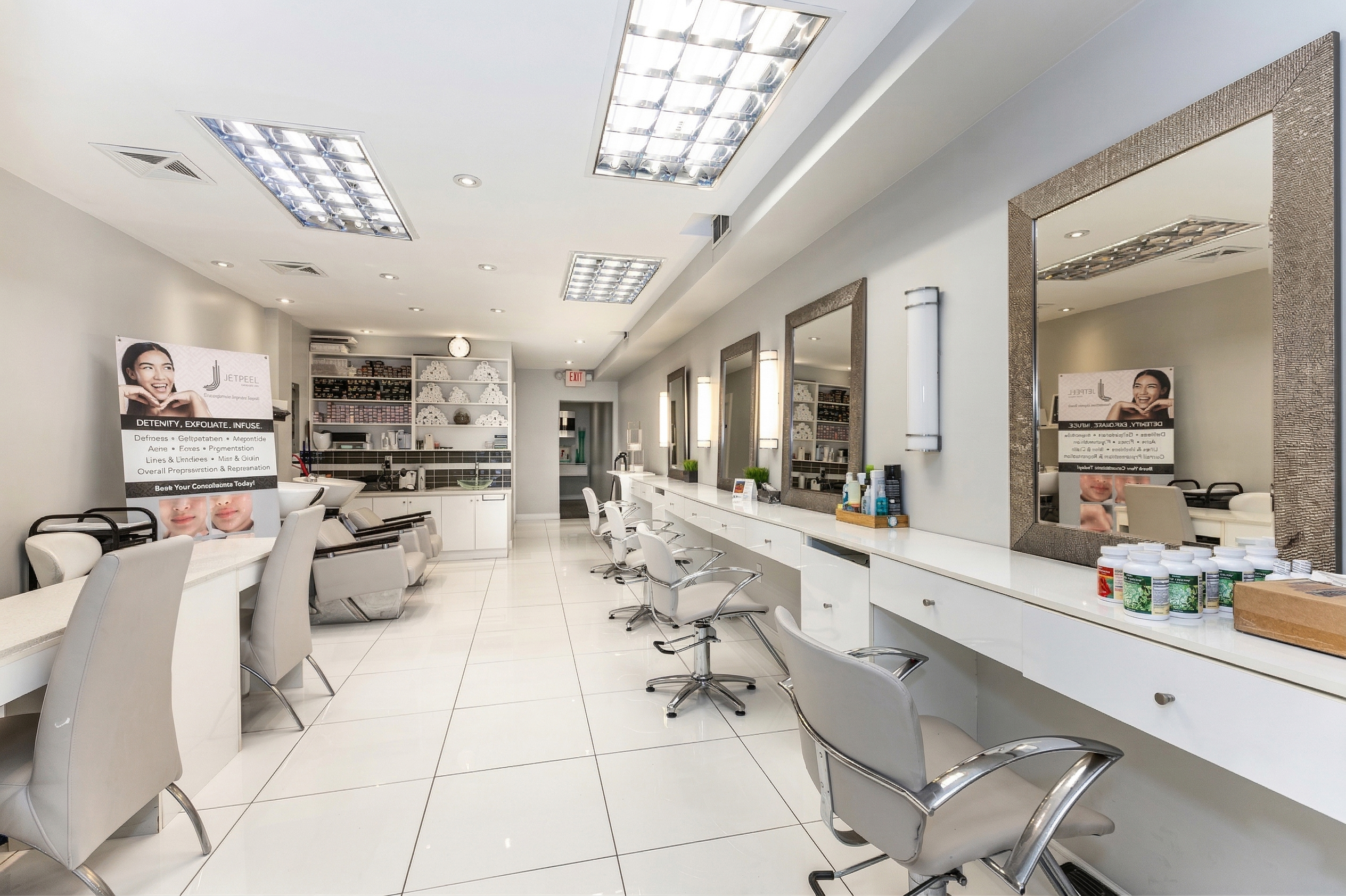 Beauty salon photography in Toronto showing styling stations, mirrors and bright commercial interior